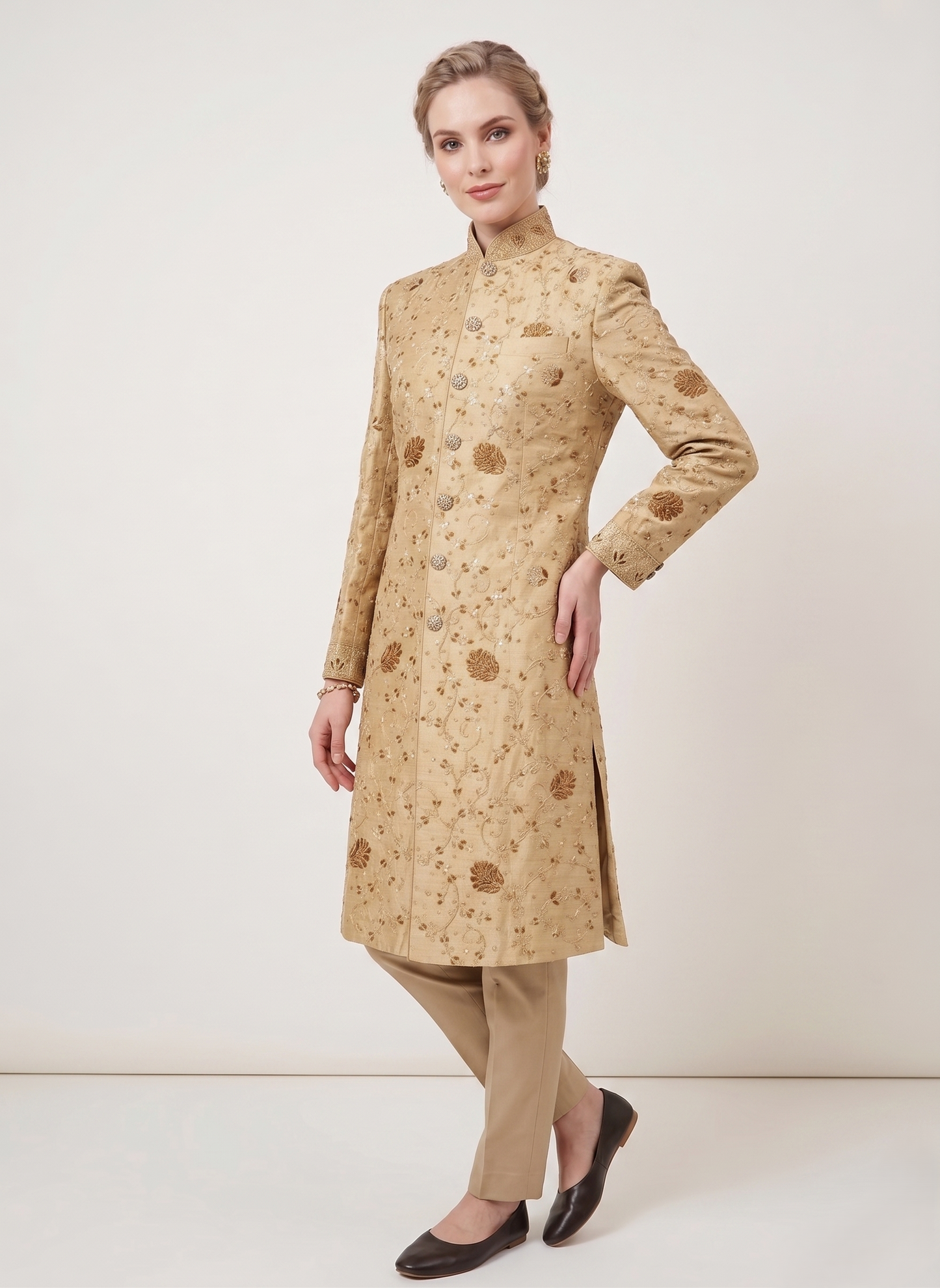 Women's Ivory Sherwani Suit | Indo-Western Jodhpuri Jacket with Pants