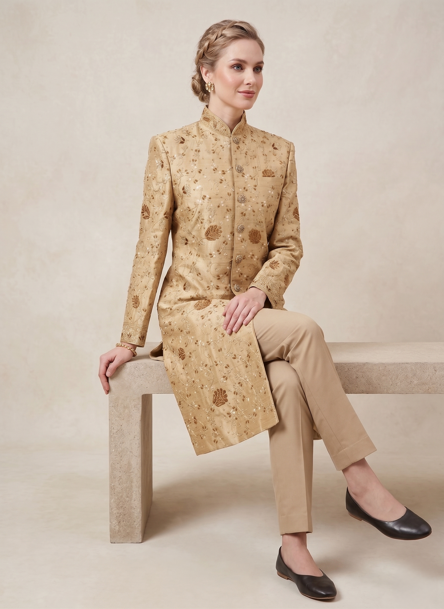 Women's Ivory Sherwani Suit | Indo-Western Jodhpuri Jacket with Pants