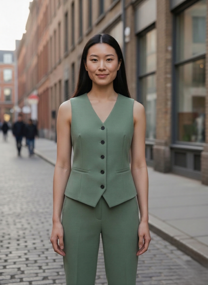 Tailored Sage Green Women's Classic V-Neck Vest and Trouser Set | Custom Fit Office Wea0r Suit