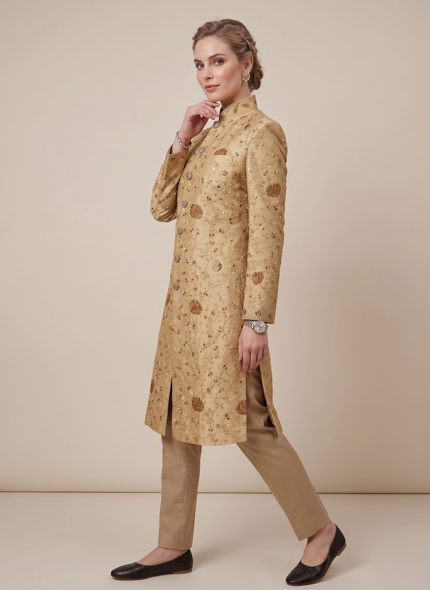 Women's Ivory Sherwani Suit | Indo-Western Jodhpuri Jacket with Pants