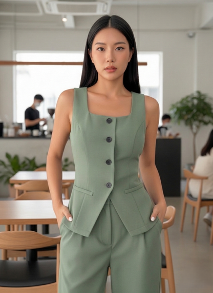 Tailored Sage Green Women's Square Neck Vest and Trouser Set | Custom Fit Office Wear Suit
