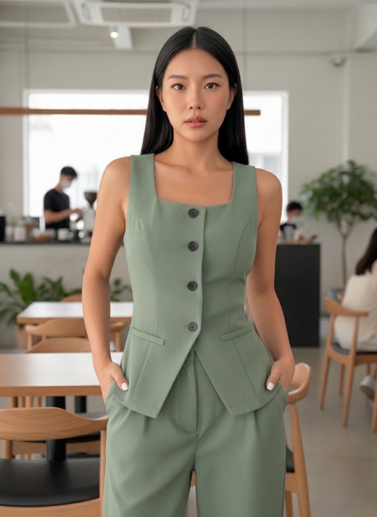 Tailored Sage Green Women's Square Neck Vest and Trouser Set | Custom Fit Office Wear Suit