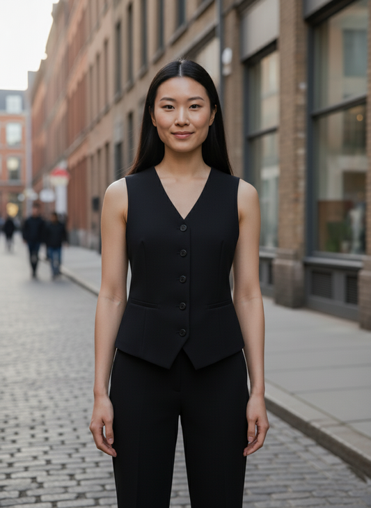 Tailored Black Women's Classic V-Neck Vest and Trouser Set | Custom Fit Office Wear Suit