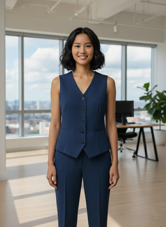Tailored Dark Blue Women's Classic V-Neck Vest and Trouser Set | Custom Fit Office Wea0r Suit