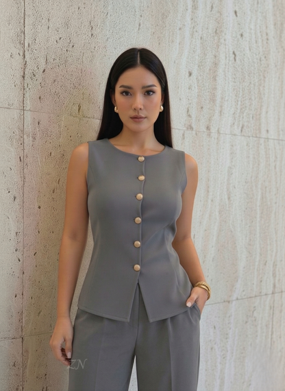 Tailored Grey Women's Crew-Neck Vest and Trouser Set | Custom Fit Office Wear Suit