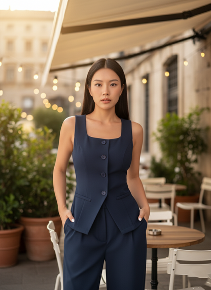 Tailored Dark Blue Women's Square Neck Vest and Trouser Set | Custom Fit Office Wear Suit