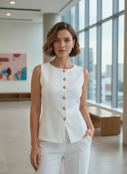 Tailored White women's Crew-Neck Vest and Trouser Set | Custom Fit Office Wear Suit