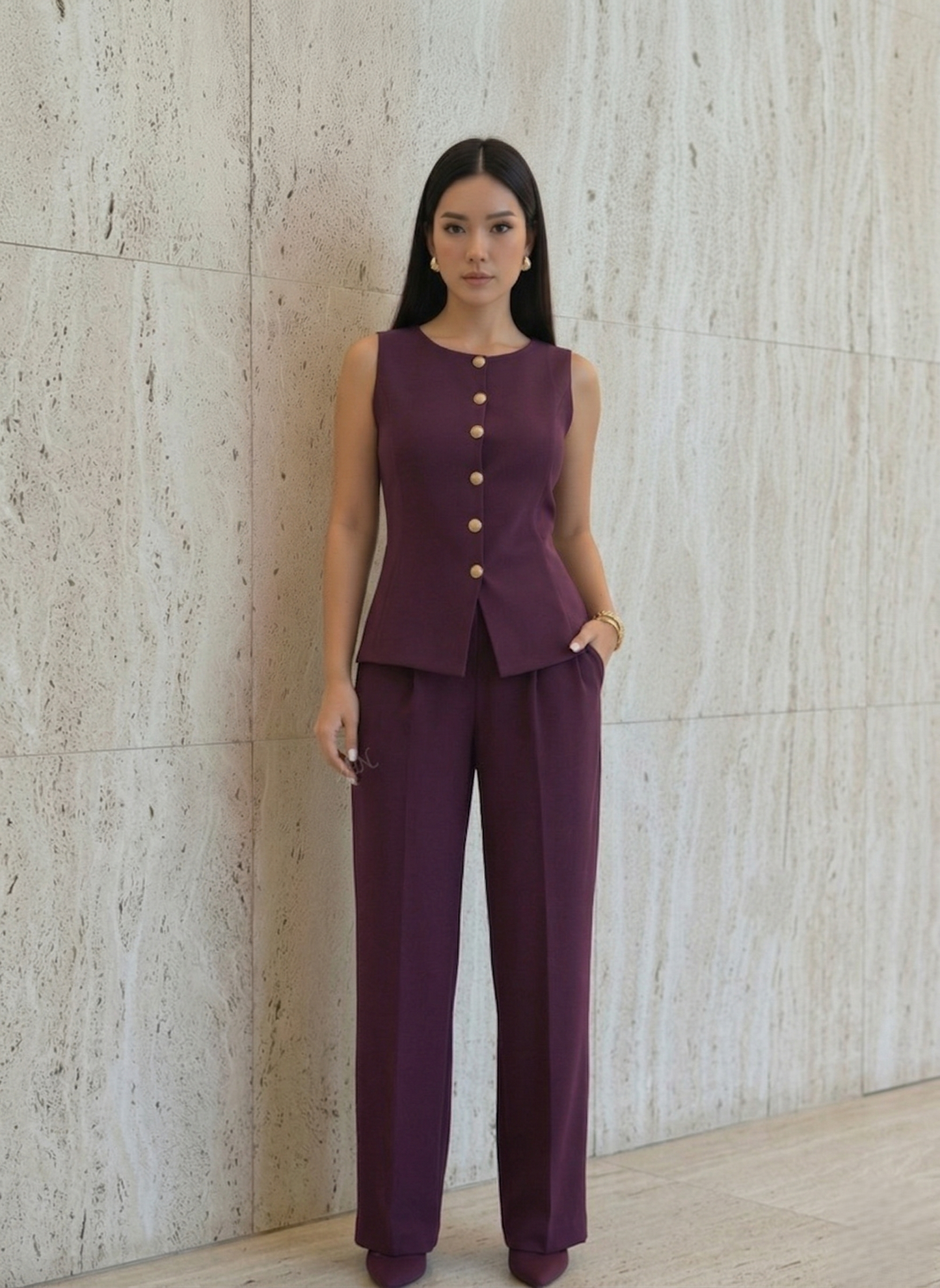 Tailored Purple women's Crew-Neck Vest and Trouser Set | Custom Fit Office Wear Suit