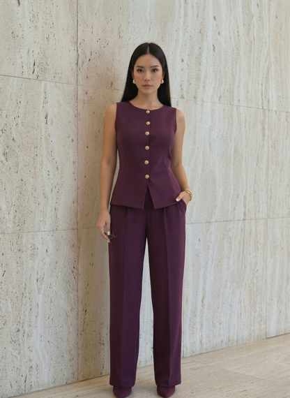 Tailored Purple women's Crew-Neck Vest and Trouser Set | Custom Fit Office Wear Suit