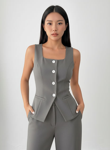 Tailored Grey Women's Crew-Neck Vest and Trouser Set | Custom Fit Office Wear Suit