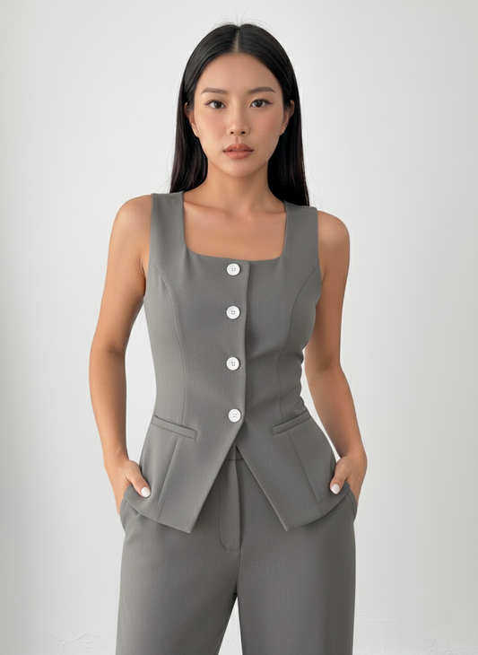 Tailored Grey Women's Crew-Neck Vest and Trouser Set | Custom Fit Office Wear Suit