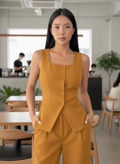 Tailored Bronze Gold  Women's Square Neck Vest and Trouser Set | Custom Fit Office Wear Suit