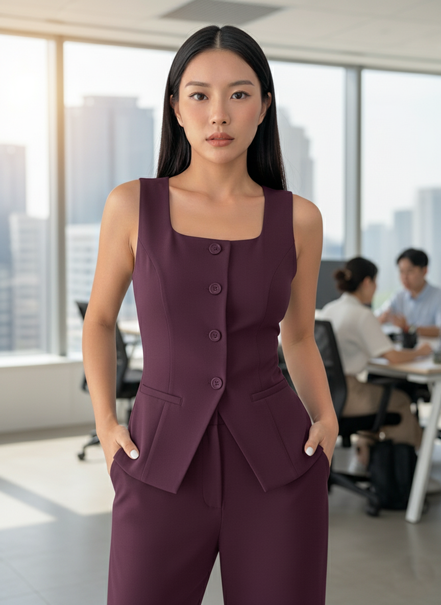 Tailored Purple Women's Square Neck Vest and Trouser Set | Custom Fit Office Wear Suit