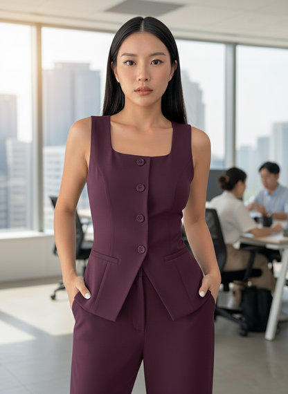 Tailored Purple Women's Square Neck Vest and Trouser Set | Custom Fit Office Wear Suit
