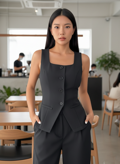 Tailored Black Women's Square Neck Vest and Trouser Set | Custom Fit Office Wear Suit