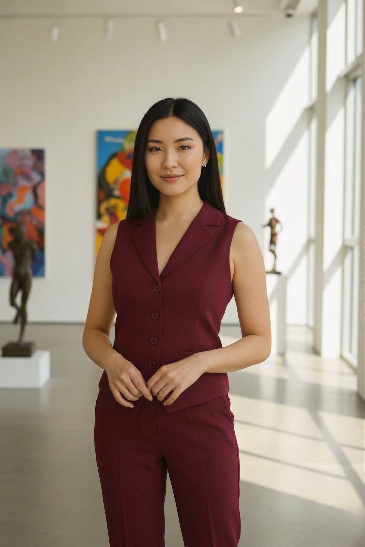 Tailored Burgundy   Women's Lapel-Collar Vest and Trouser Set | Custom Fit Office Wear Suit