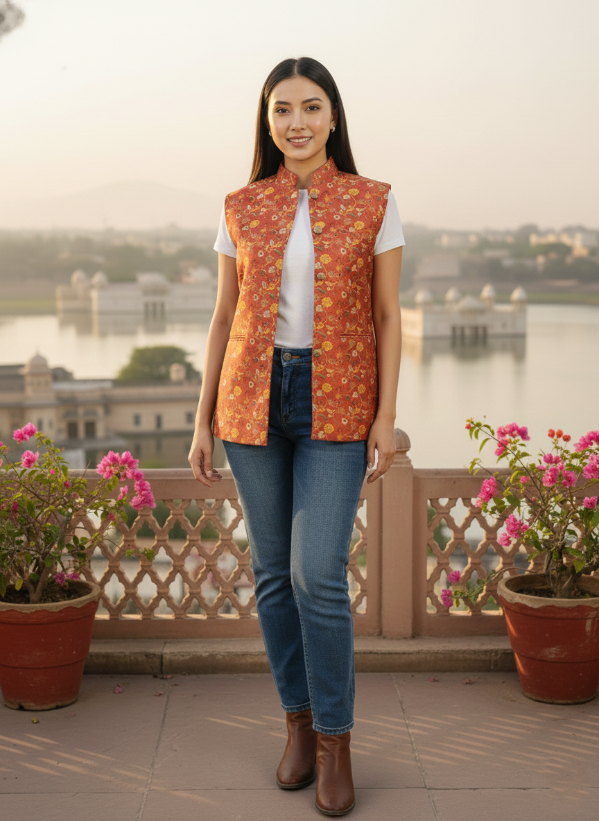 Women's Orange Printed Nehru Jacket | Indian Style Sleeveless Vest | Traditional Ethnic Waistcoat