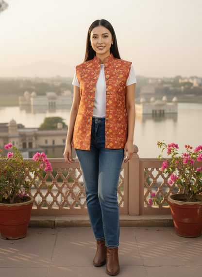 Women's Orange Printed Nehru Jacket | Indian Style Sleeveless Vest | Traditional Ethnic Waistcoat
