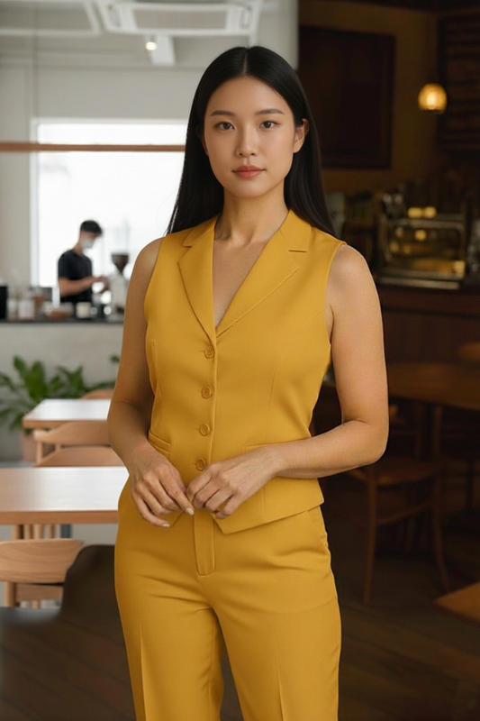 Tailored Bronze Gold   Women's Lapel-Collar Vest and Trouser Set | Custom Fit Office Wear Suit
