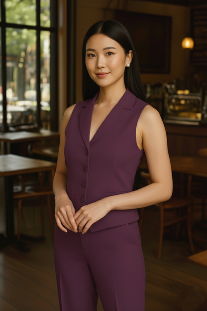 Tailored Purple Women's Lapel-Collar Vest and Trouser Set | Custom Fit Office Wear Suit
