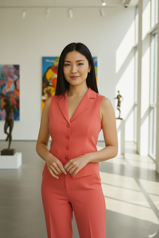 Tailored CORAL RED Women's Lapel-Collar Vest and Trouser Set | Custom Fit Office Wear Suit