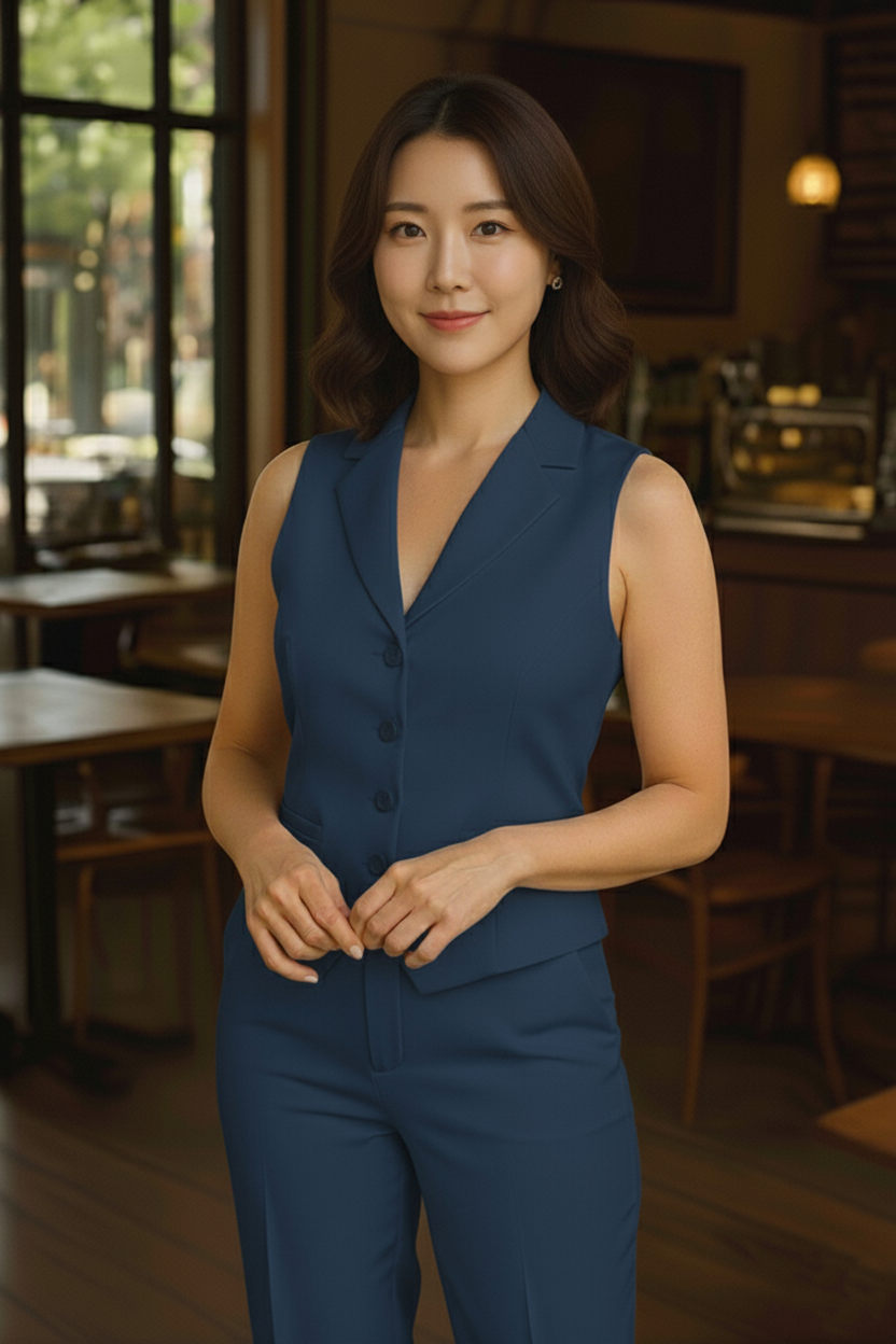 Tailored Dark Blue  Women's Lapel-Collar Vest and Trouser Set | Custom Fit Office Wear Suit