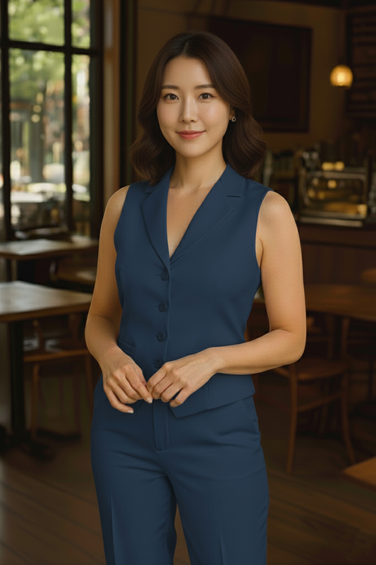 Tailored Dark Blue  Women's Lapel-Collar Vest and Trouser Set | Custom Fit Office Wear Suit