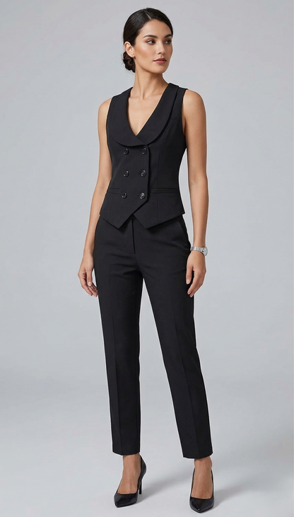 Tailored Black Women's Double-Breasted Vest and Trouser Set | Custom Fit Office Wear Suit
