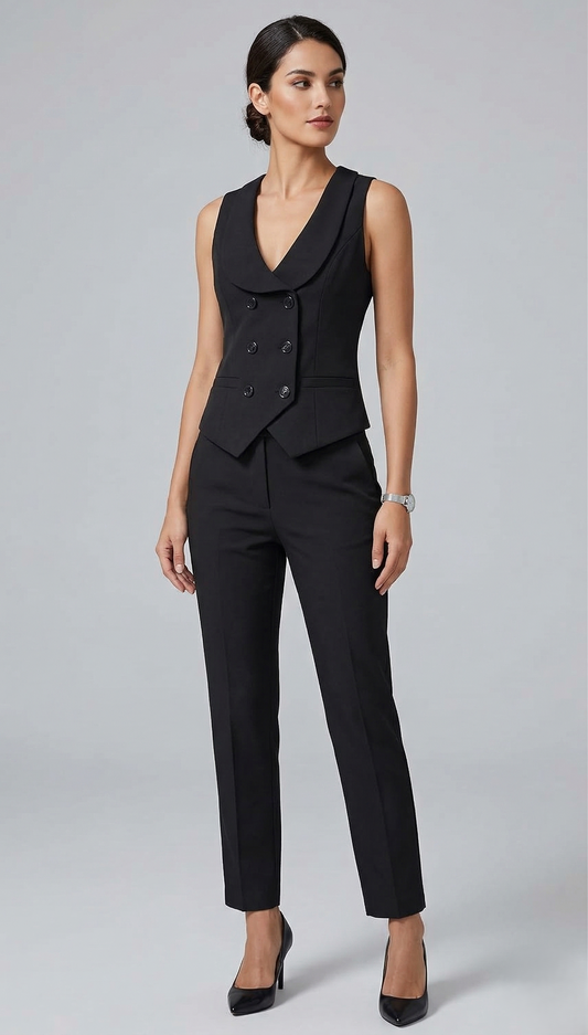 Tailored Black Women's Double-Breasted Vest and Trouser Set | Custom Fit Office Wear Suit