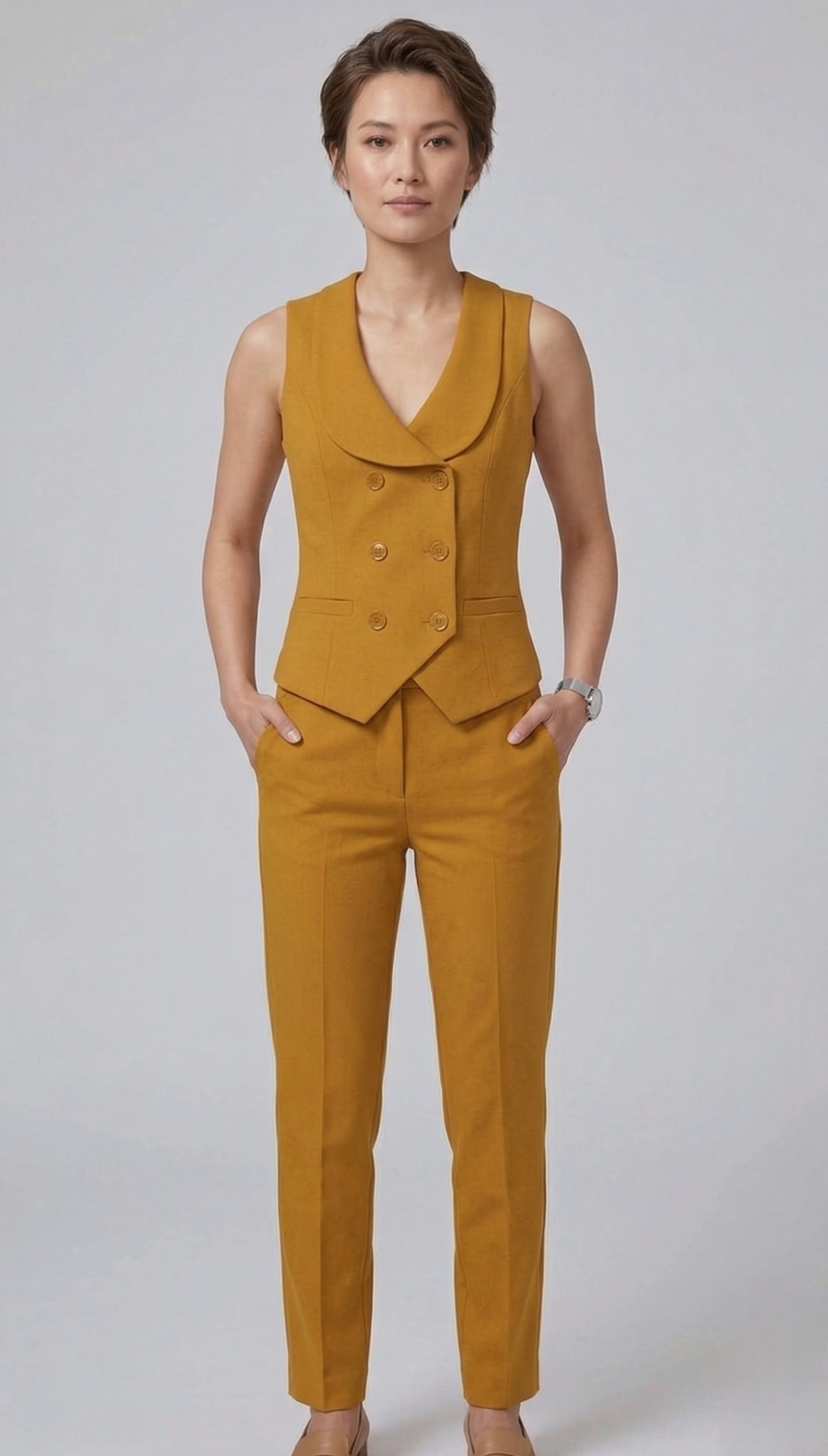 Tailored Bronze Gold   Women's Double-Breasted Vest and Trouser Set | Custom Fit Office Wear Suit
