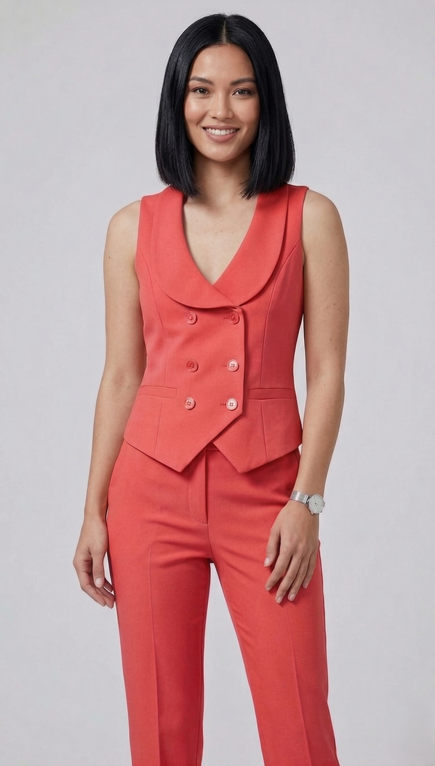 Tailored CORAL RED  Women's Double-Breasted Vest and Trouser Set | Custom Fit Office Wear Suit
