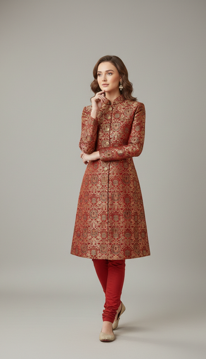 Royal Maroon & Gold Brocade Women's Sherwani Suit | Indo-Western Achkan Set