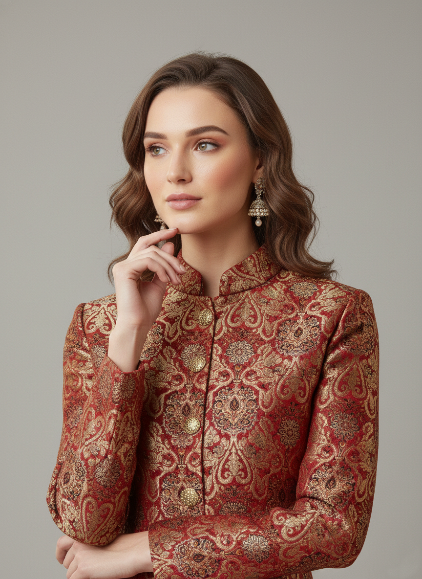 Royal Maroon & Gold Brocade Women's Sherwani Suit | Indo-Western Achkan Set