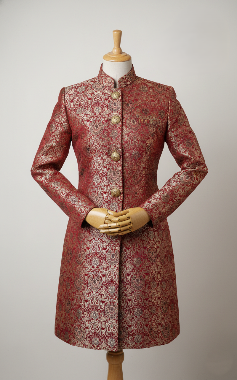 Royal Maroon & Gold Brocade Women's Sherwani Suit | Indo-Western Achkan Set