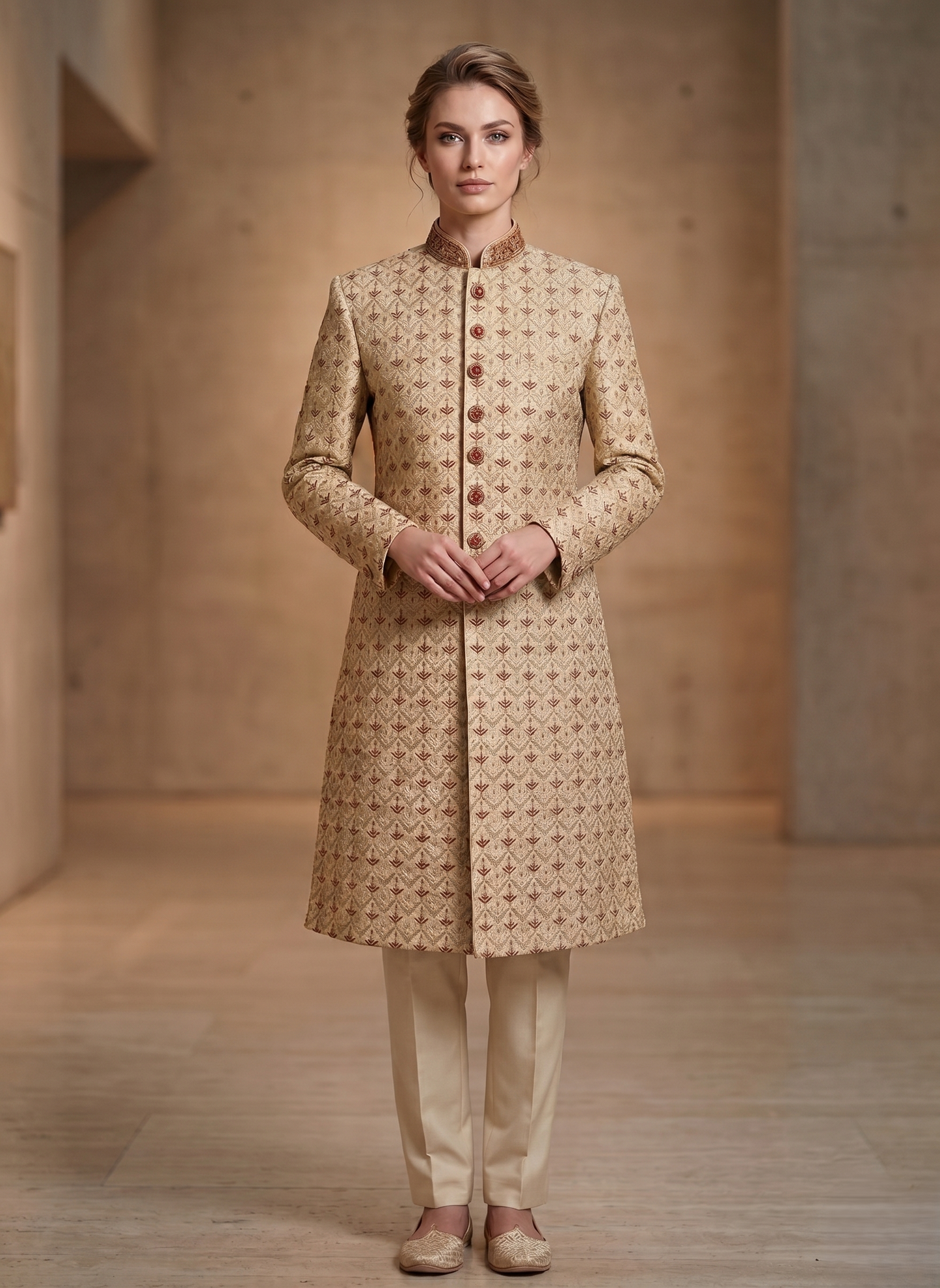 Women's Ivory Sherwani Suit | Indo-Western Jodhpuri Jacket with Pants