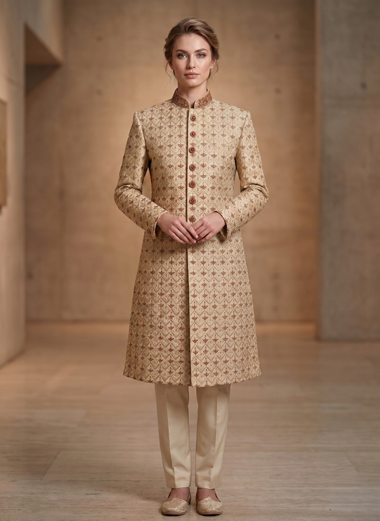 Women's Ivory Sherwani Suit | Indo-Western Jodhpuri Jacket with Pants