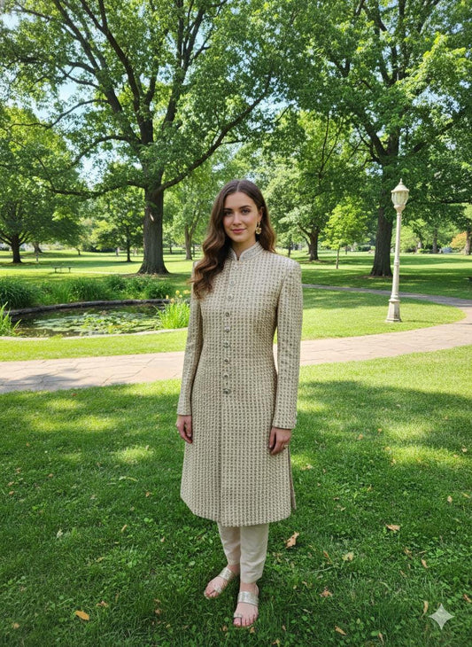 Beige Sherwani Suit Jodhpuri Jacket Pants Set | Indo-Western Wedding Guest Dress