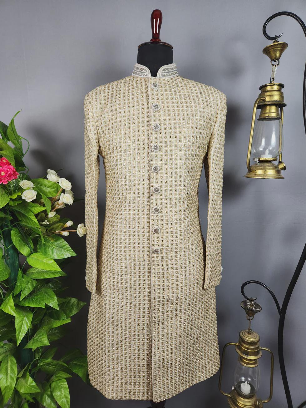 Beige Sherwani Suit Jodhpuri Jacket Pants Set | Indo-Western Wedding Guest Dress