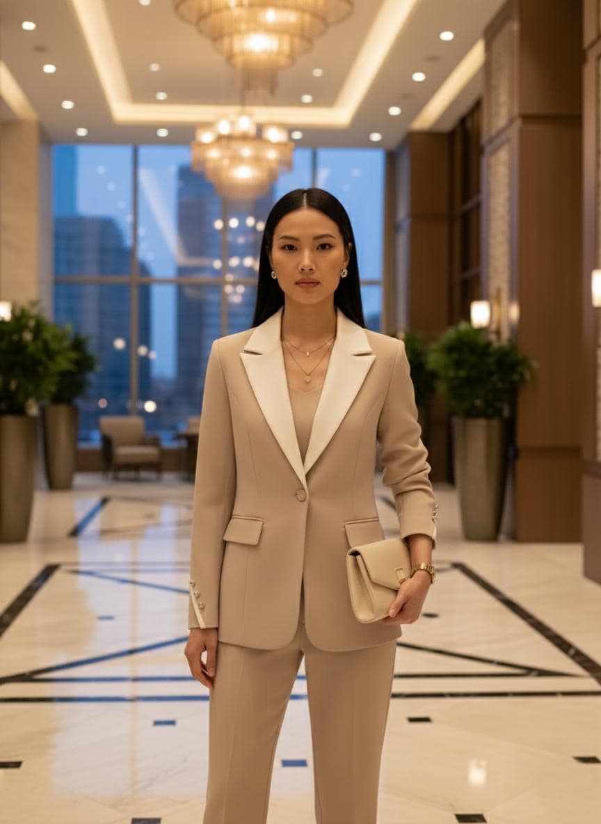 Beige Three-Piece Suit | Tailored Blazer Vest Trousers, Women's Office Attire