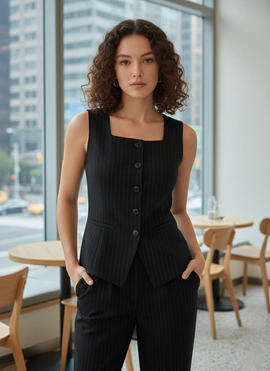 Black Pinstripe Vest: Custom Fit Sleeveless Waistcoat
