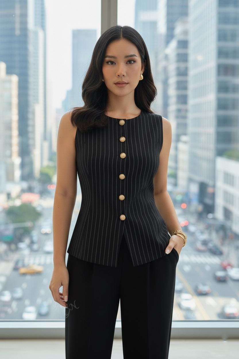 Black Pinstripe Vest: Custom Fit Sleeveless Waistcoat