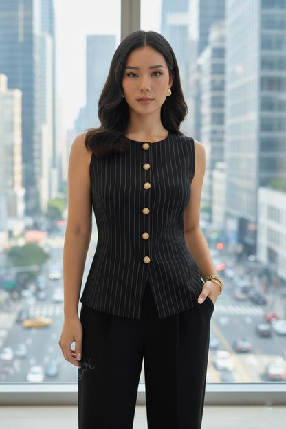 Black Pinstripe Vest: Custom Fit Sleeveless Waistcoat