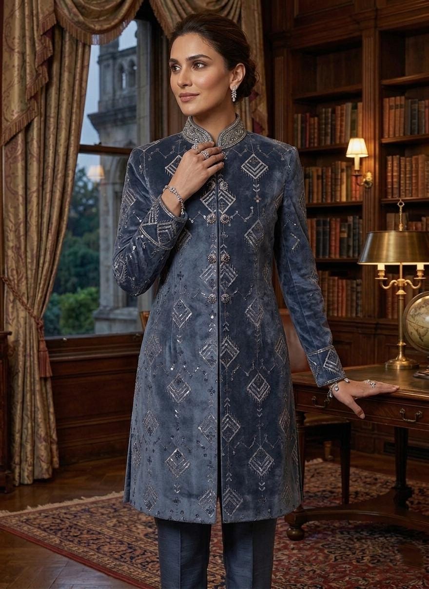 Blue Grey Embroidered Women Sherwani Set | Indo Western Suit for Women | Wedding Guest Outfit, Festive Ethnic Jacket Set, Designer Bandhgala