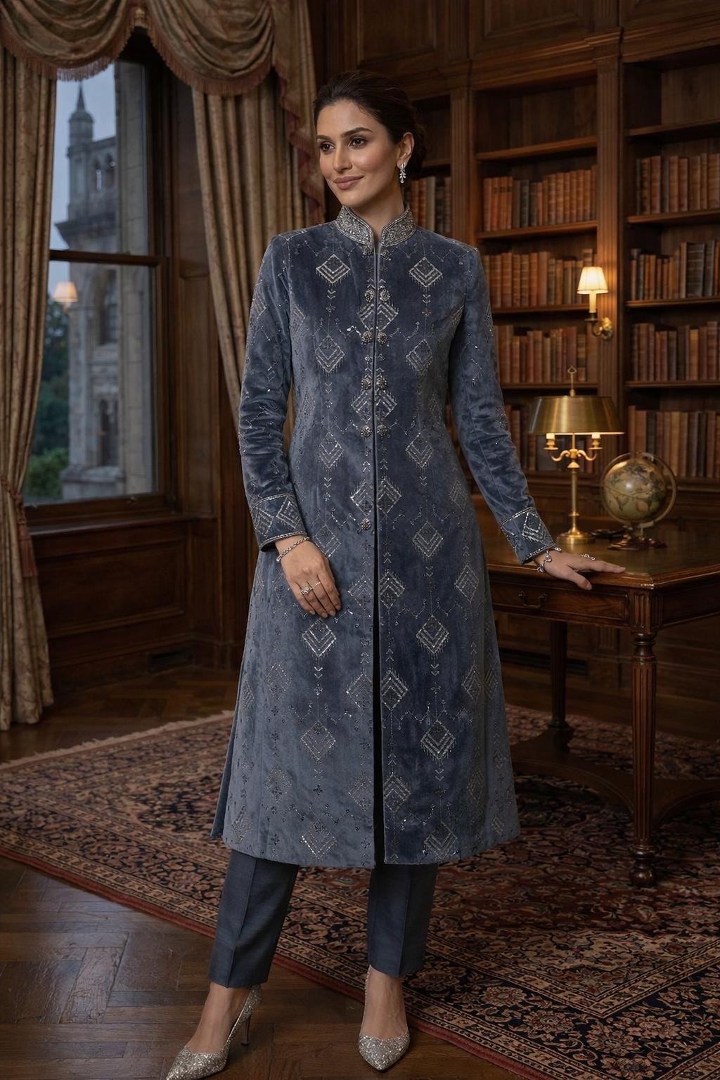 Blue Grey Embroidered Women Sherwani Set | Indo Western Suit for Women | Wedding Guest Outfit, Festive Ethnic Jacket Set, Designer Bandhgala