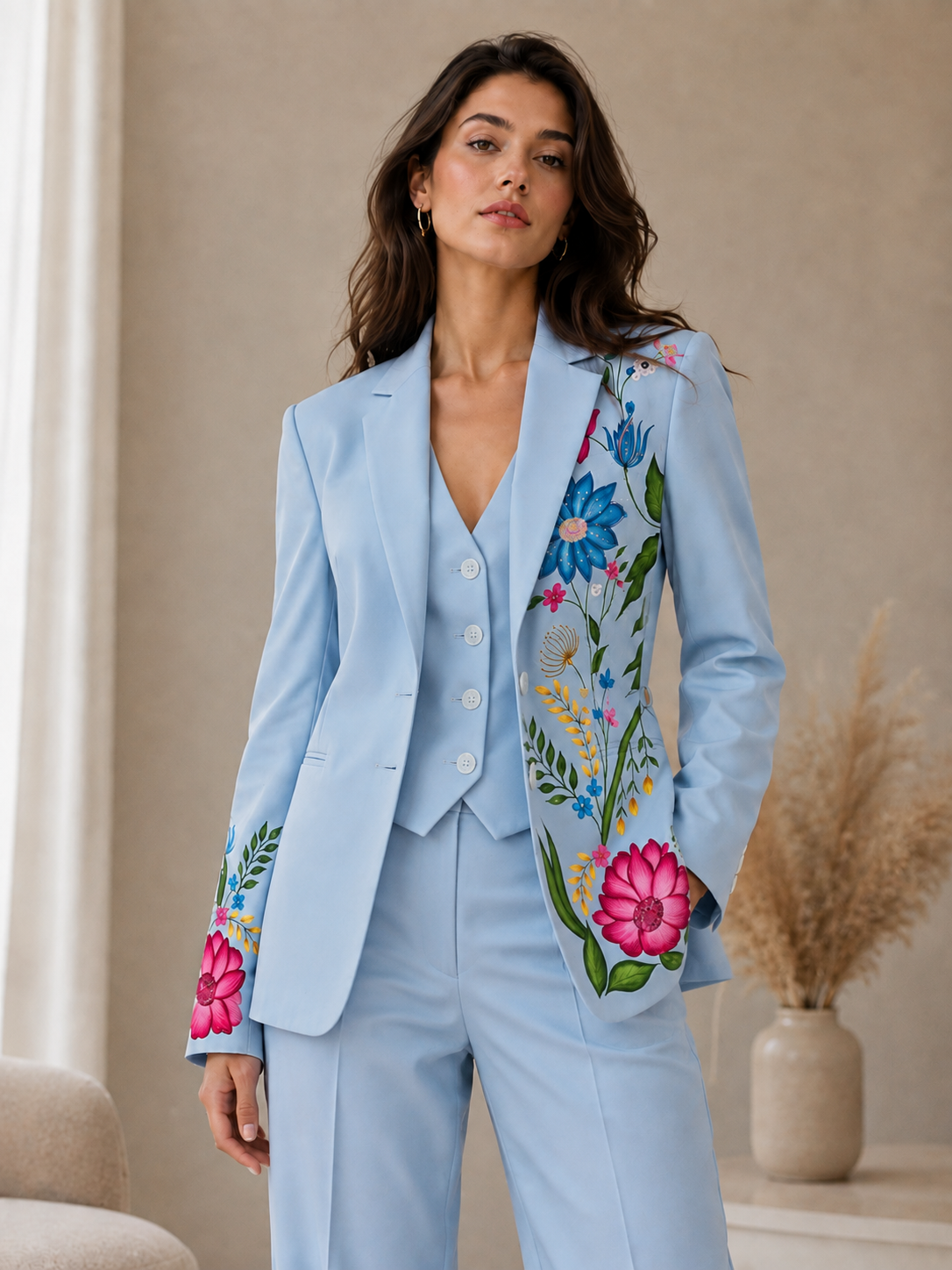 Hand Painted Powder Blue Pantsuit | Custom Blazer & Trousers | Made to Measure 2 Piece Suit