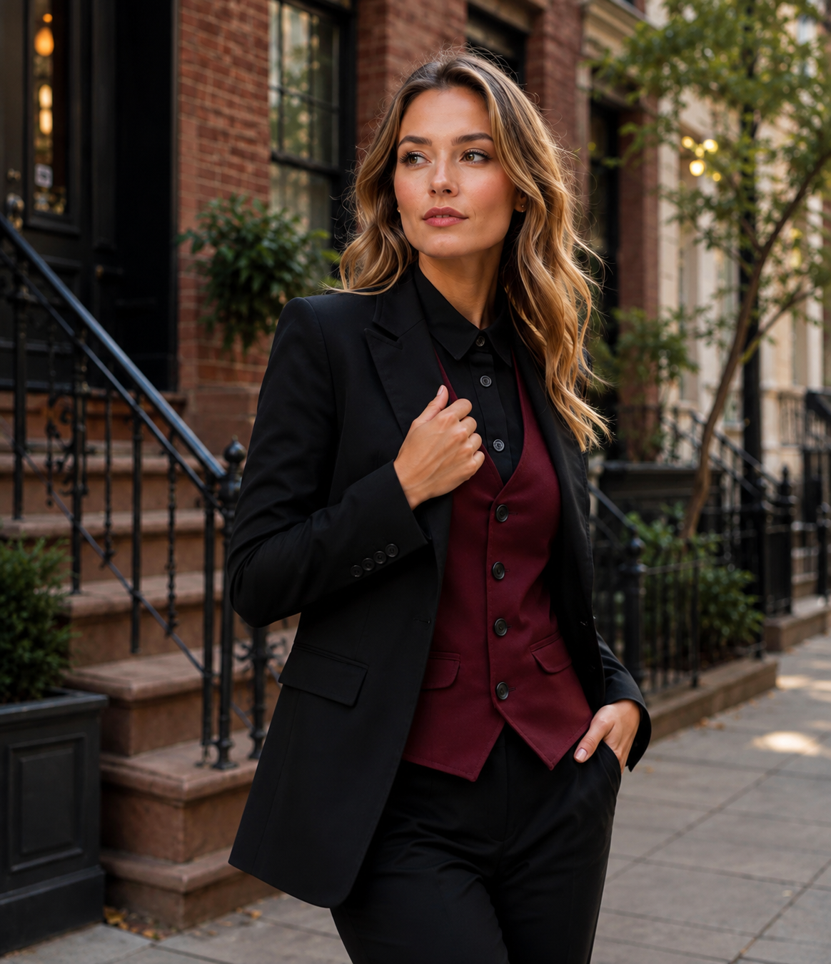Women's Black 3-Piece Suit with Burgundy Vest | Custom Tailored Pantsuit Blazer Set