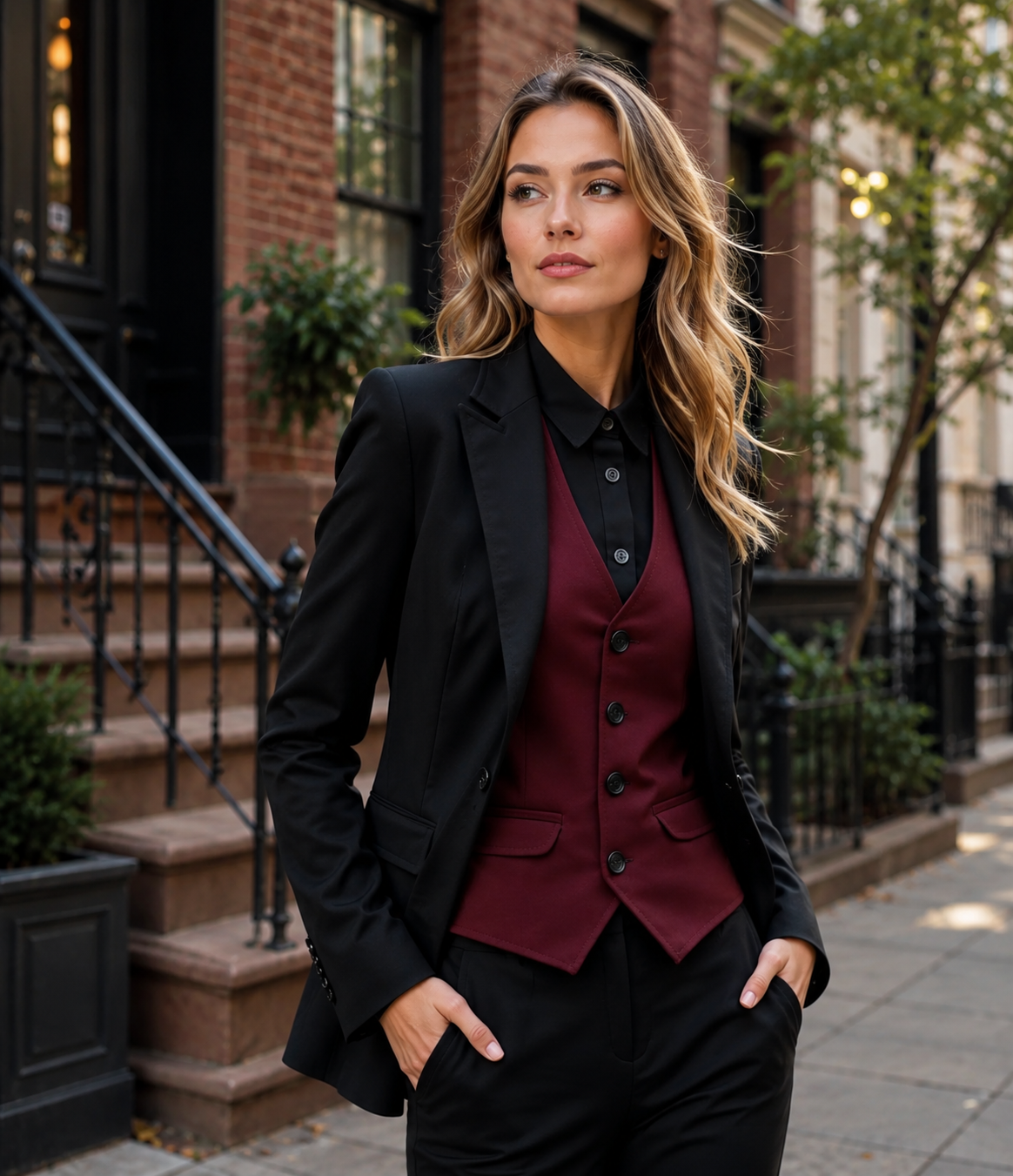 Women's Black 3-Piece Suit with Burgundy Vest | Custom Tailored Pantsuit Blazer Set