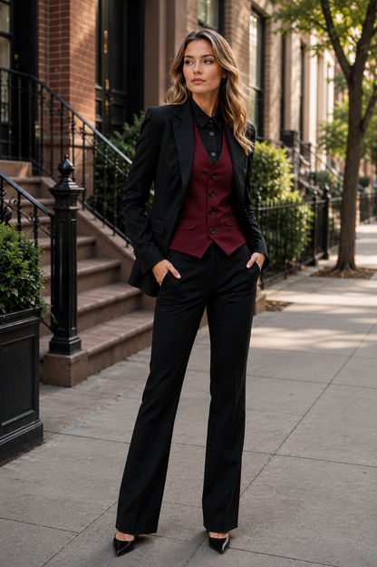 Women's Black 3-Piece Suit with Burgundy Vest | Custom Tailored Pantsuit Blazer Set