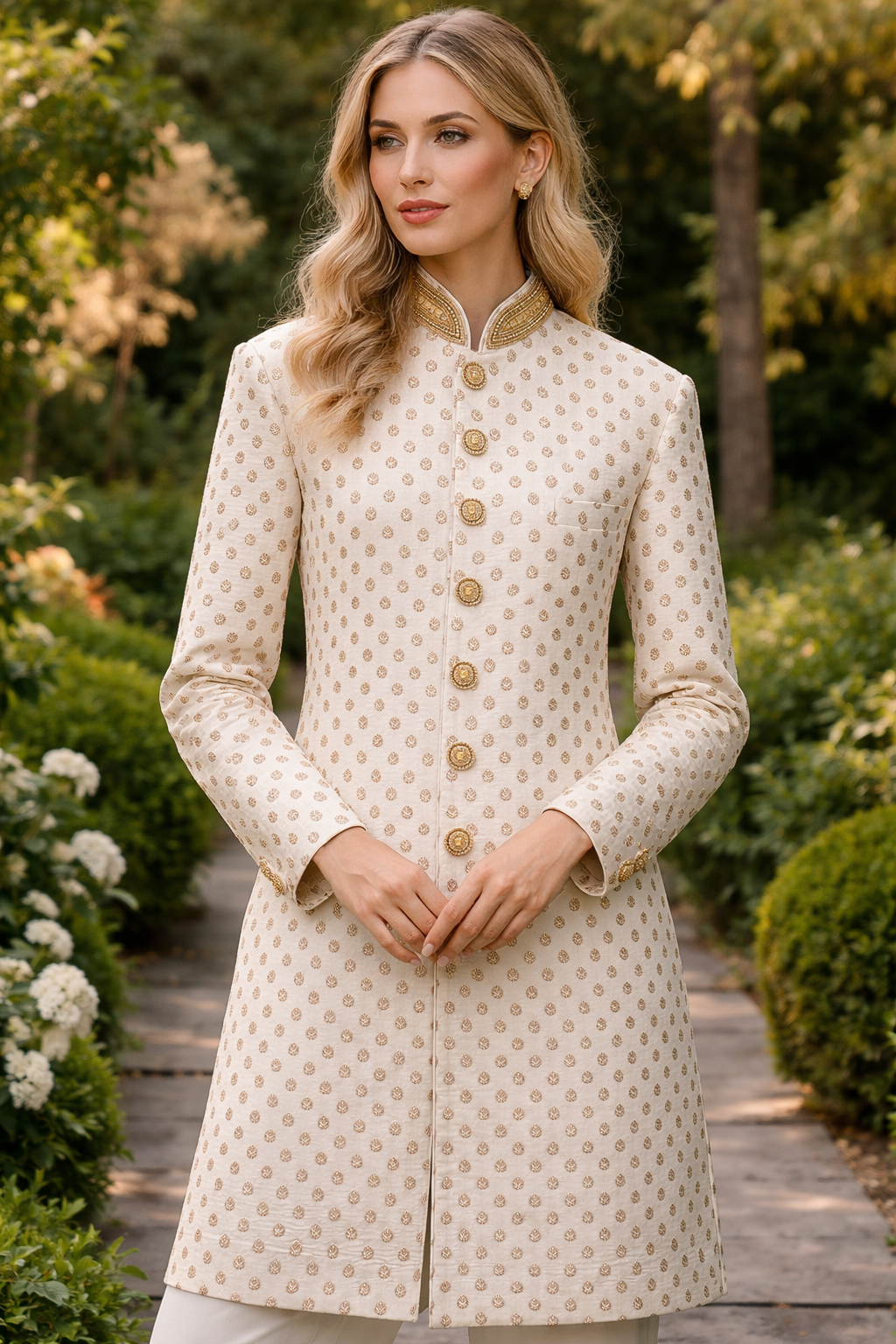 Women's Ivory Sherwani Suit | Indo-Western Jodhpuri Jacket with Pants