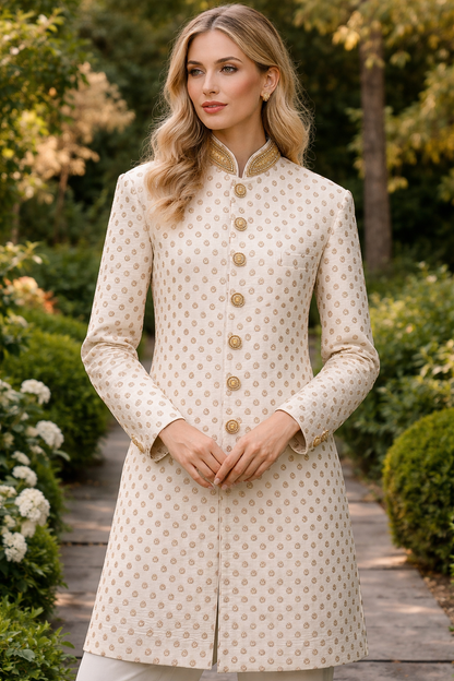 Women's Ivory Sherwani Suit | Indo-Western Jodhpuri Jacket with Pants
